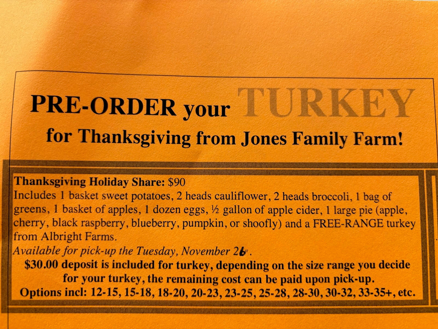 Fresh Turkey/ Thanksgiving Share PRE-ORDER 11/26 only